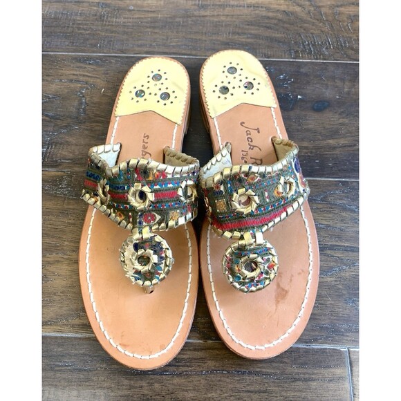 JACK ROGERS Navajo Hamptons Thong Sandals Whipstitch Paisley Gold 7.5 or 7 RARE - Picture 1 of 14